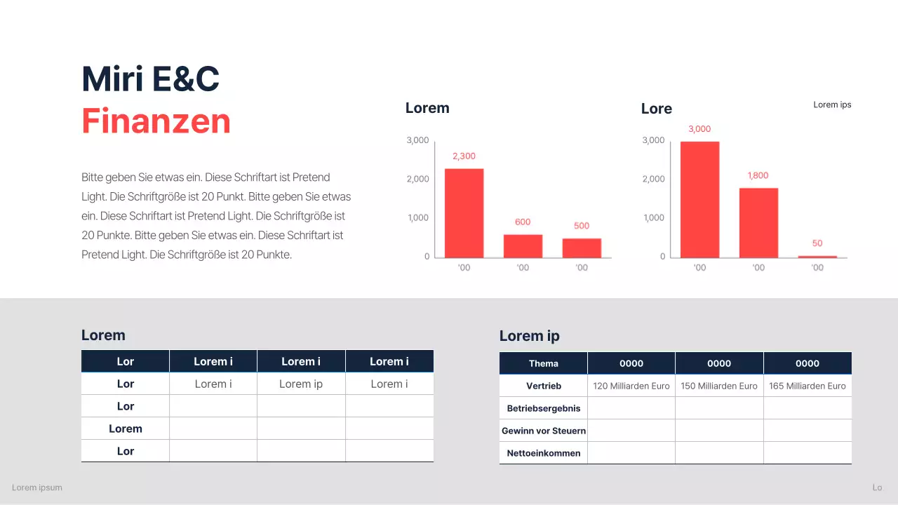 Corporate Briefing eines Bauunternehmens für Investitionen mit einem klaren Farbschema in Marineblau und Rot als Akzent