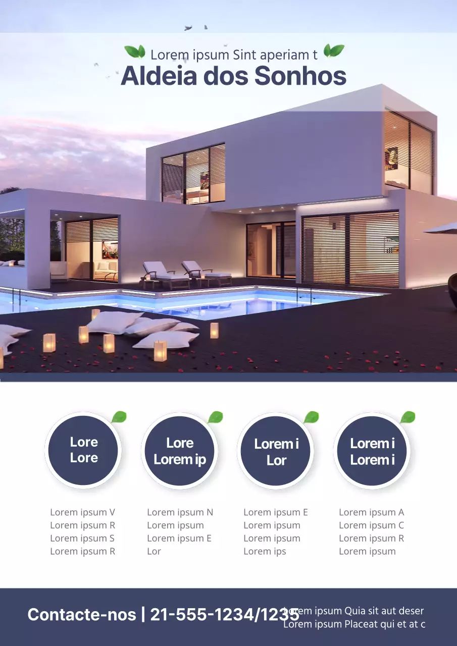 Promova um imóvel residencial para venda com uma fotografia de um edifício residencial de luxo em azul-marinho.