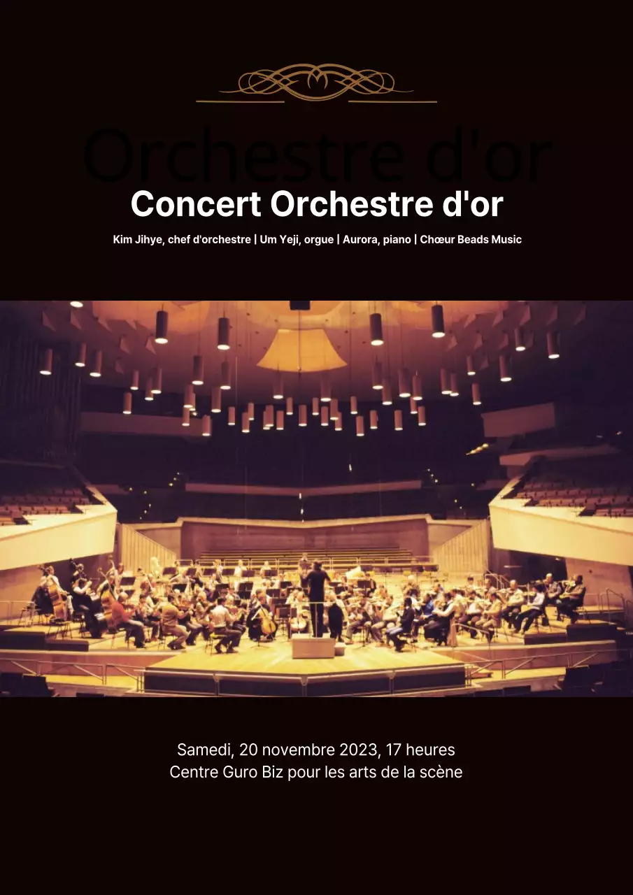 Promouvoir un concert simple et élégant avec une photo d'orchestre noir