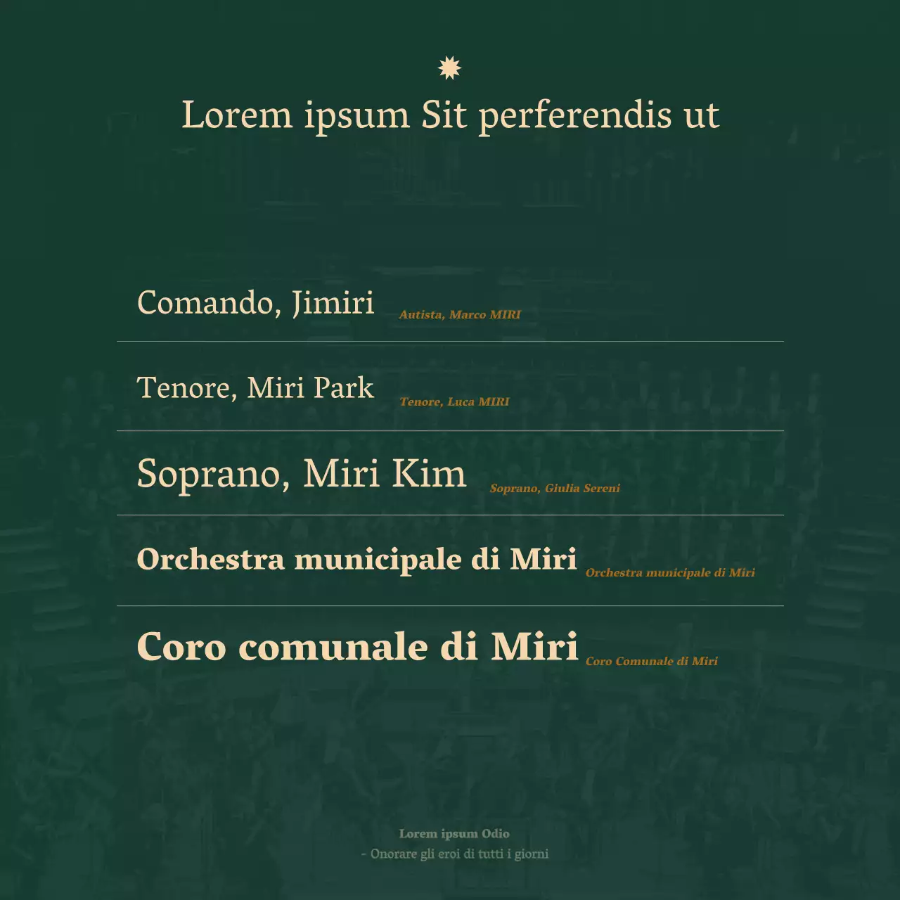 Un annuncio di concerto orchestrale pulito in un font serif con lussuose tonalità beige e verde scuro