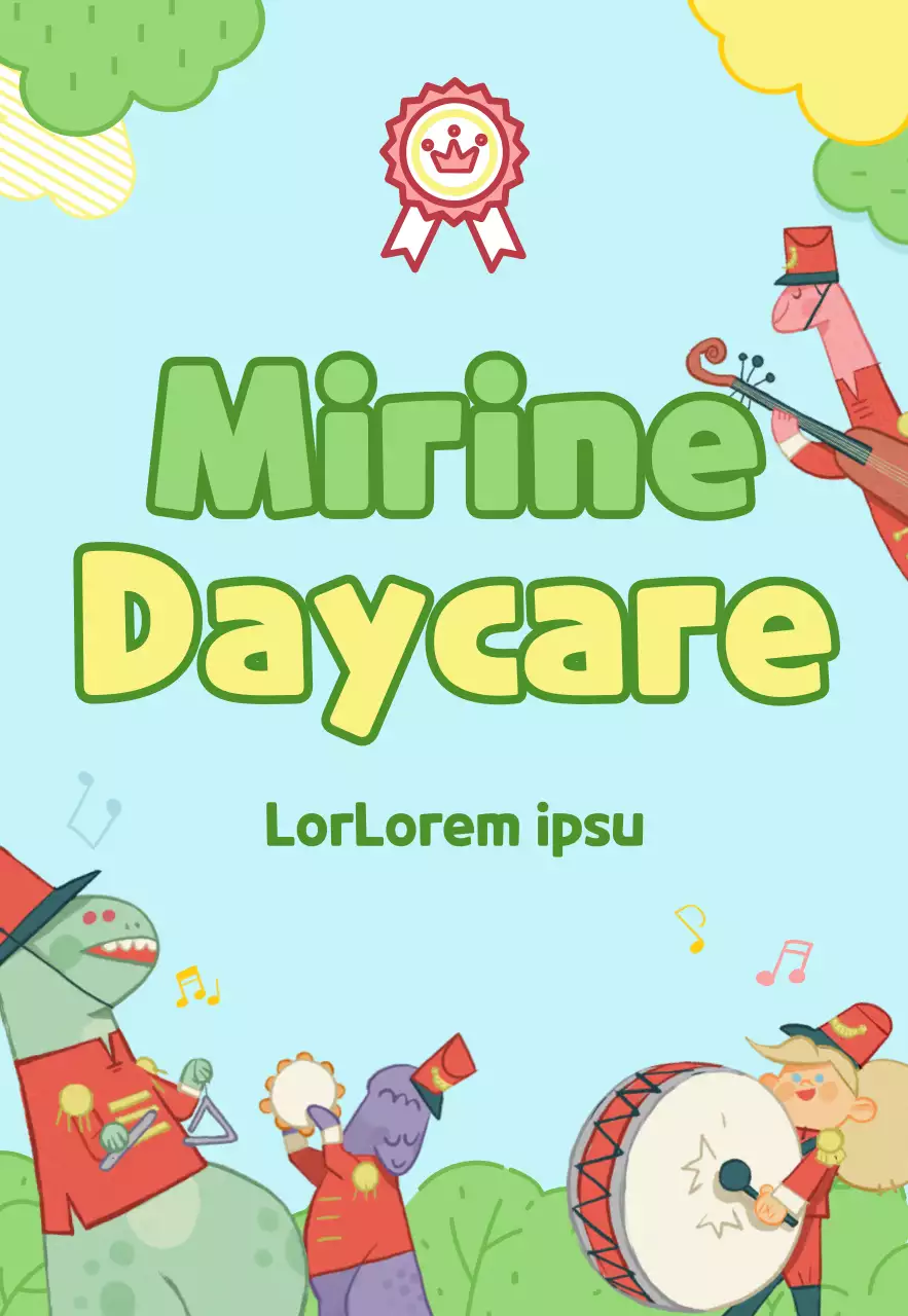 A daycare center with cute illustrations in light blue and chartreuse.