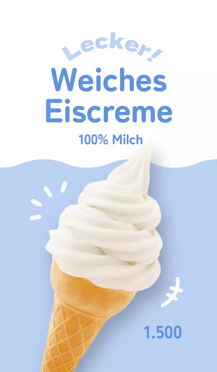Bewerben Sie eine saubere, hübsche Speisekarte mit weißem Eis auf hellblauem Hintergrund