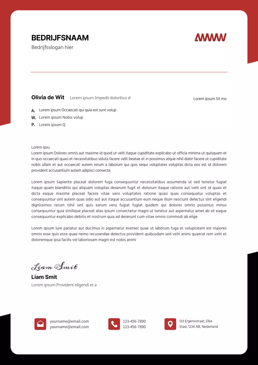 Eenvoudig conceptbriefhoofd in rood en zwart