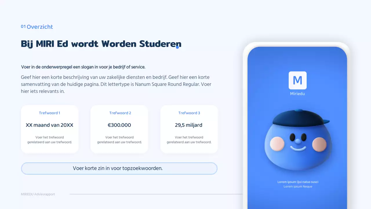 Een blauw driedimensionaal karakter met een strak concept voor een adviesrapport.