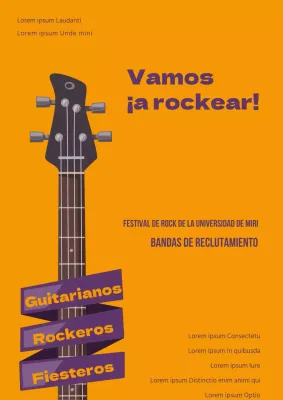 Promoción sencilla de un festival de rock universitario con ilustraciones de guitarras naranjas y moradas