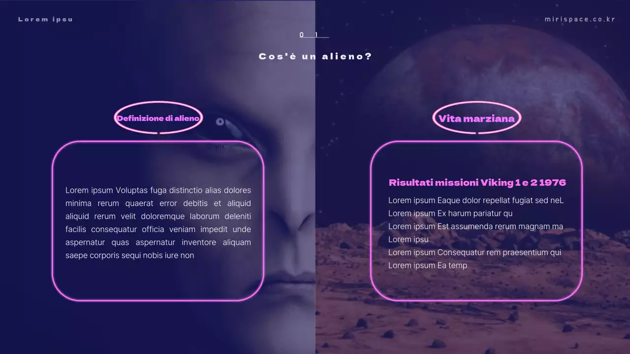 Materiale didattico con foto di alieni su sfondo blu