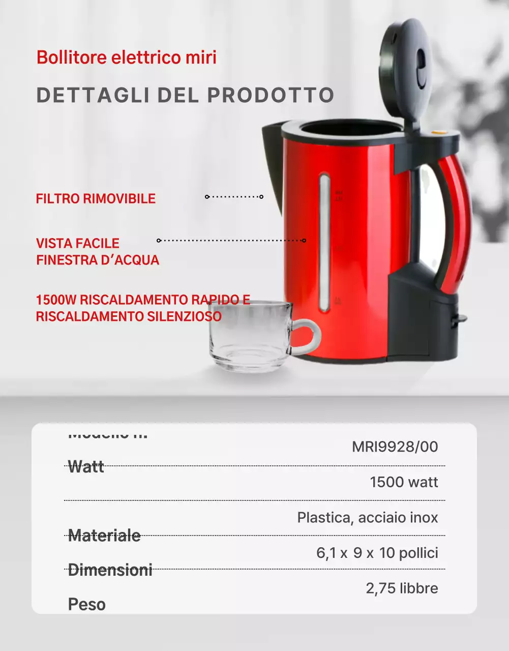 Semplice bollitore elettrico a tema nei colori rosso e grigio
