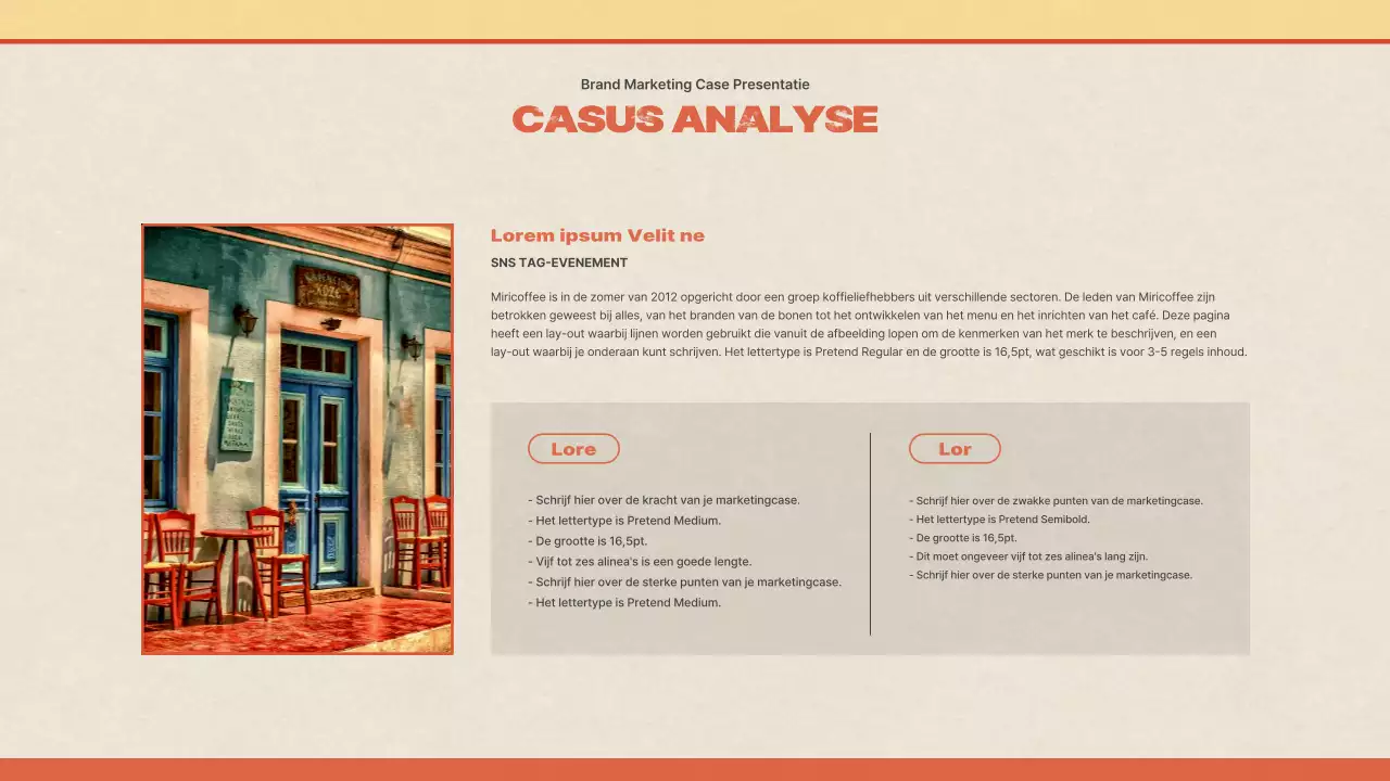 Een casestudy presenteren over de marketing van een cafémerk met een vintage, veelkleurig en geel concept