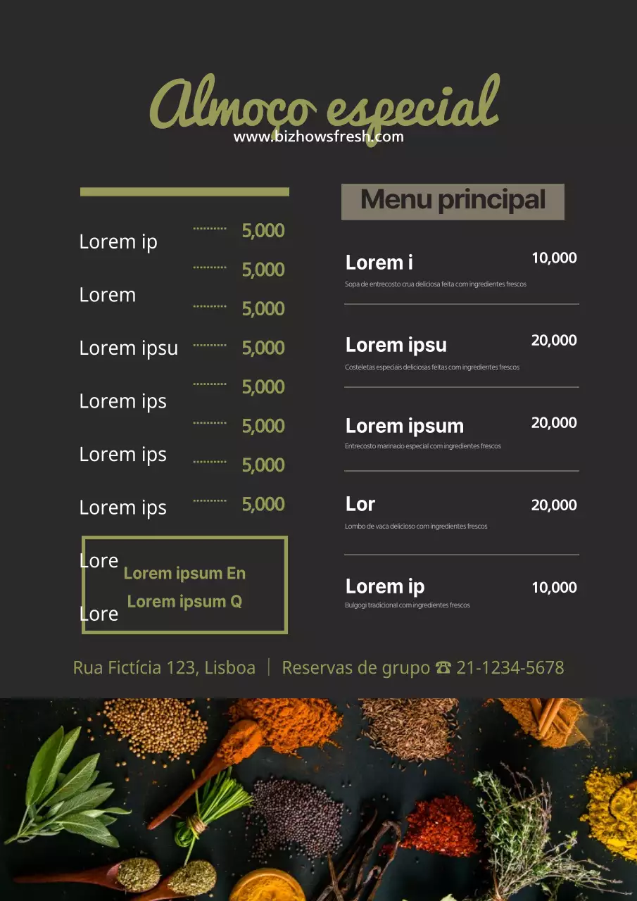 Menu de restaurante de massas com fotografias de ingredientes a preto