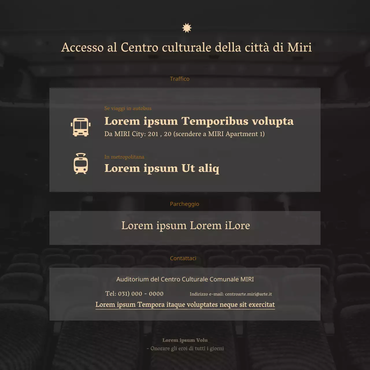 Un annuncio di concerto orchestrale pulito in un font serif con lussuose tonalità beige e verde scuro