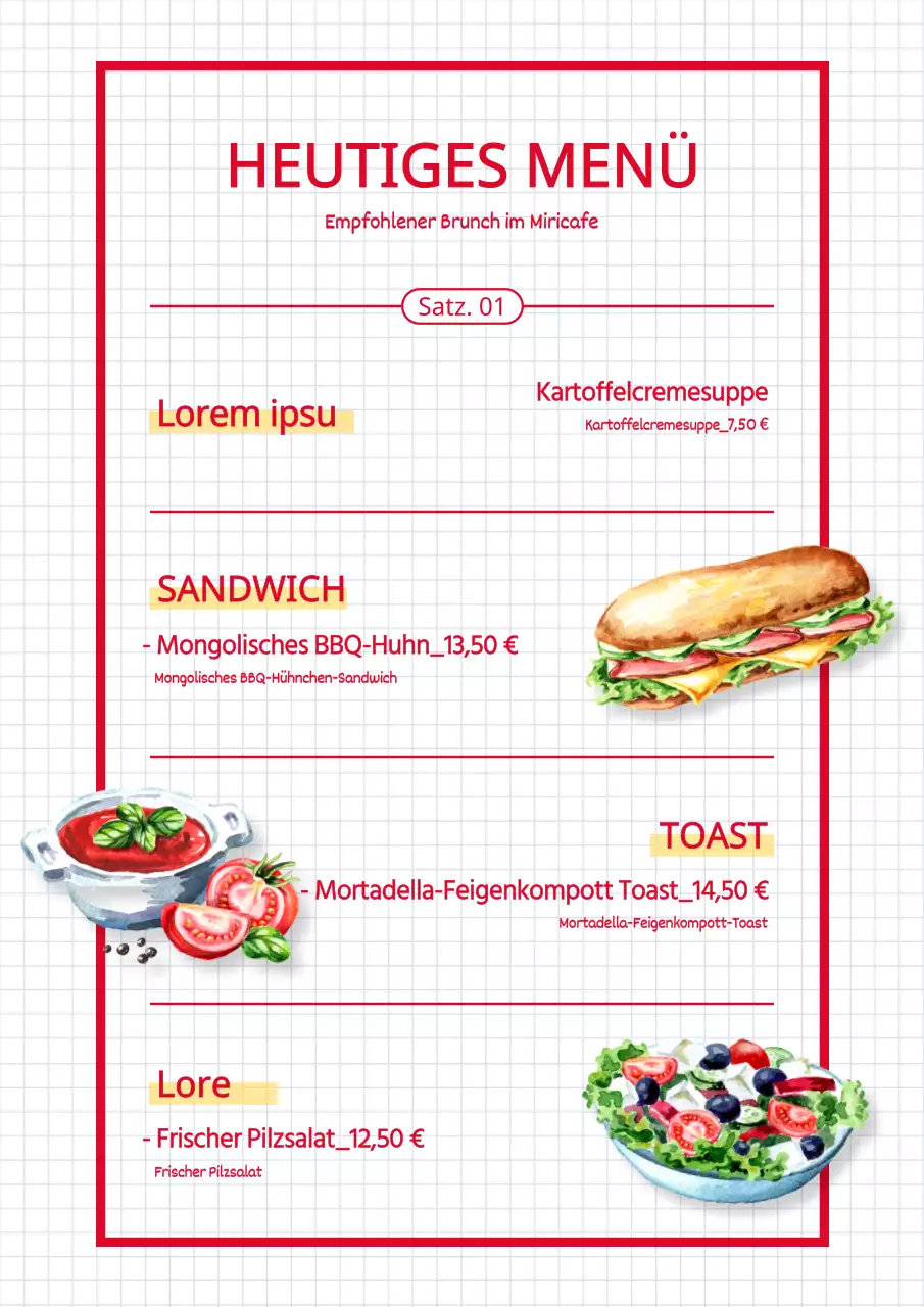 Illustriertes Brunch-Menü in Rot