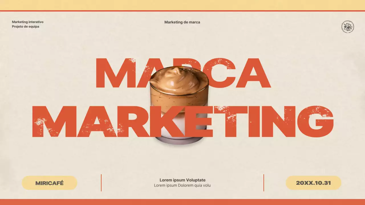 Apresentação de um estudo de caso sobre a comercialização de uma marca de café com um conceito vintage, multicolorido e amarelo