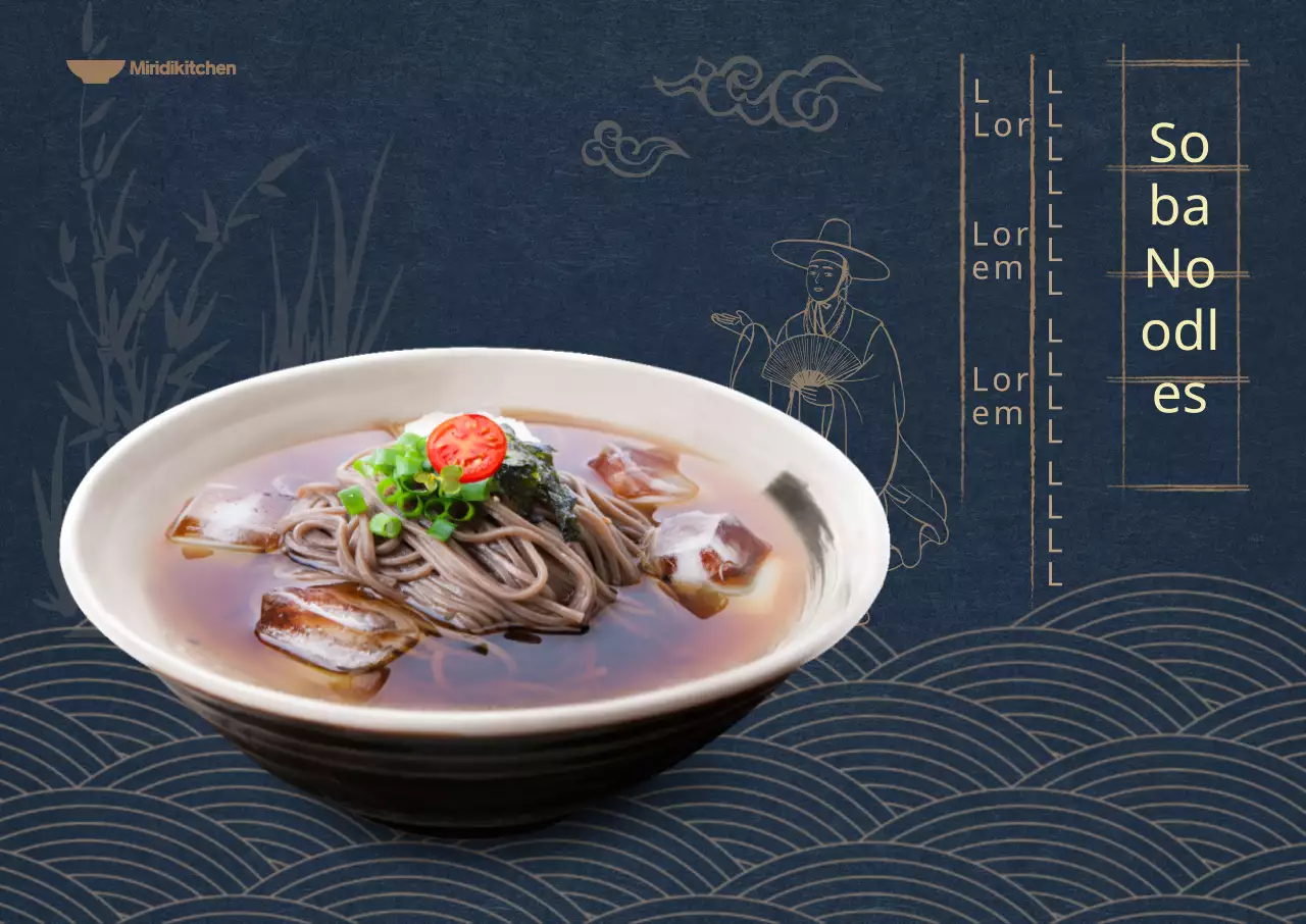 Summer menu with a dark navy background and oriental illustrations