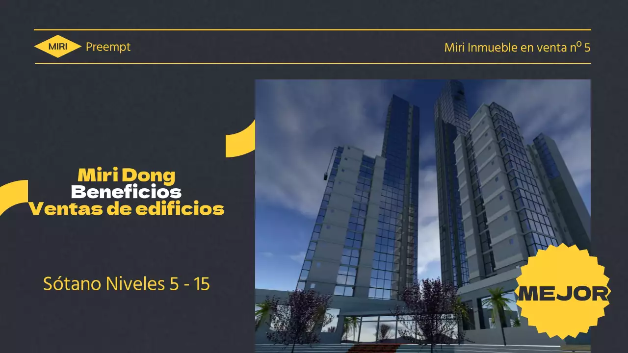 Vídeo del edificio con texto amarillo resaltado sobre fondo gris oscuro