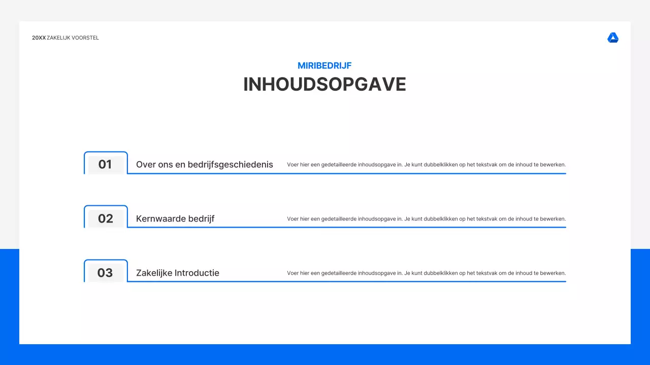 Strakke, intuïtieve presentatiekit voor zakelijke voorstellen in blauw en lichtgrijs