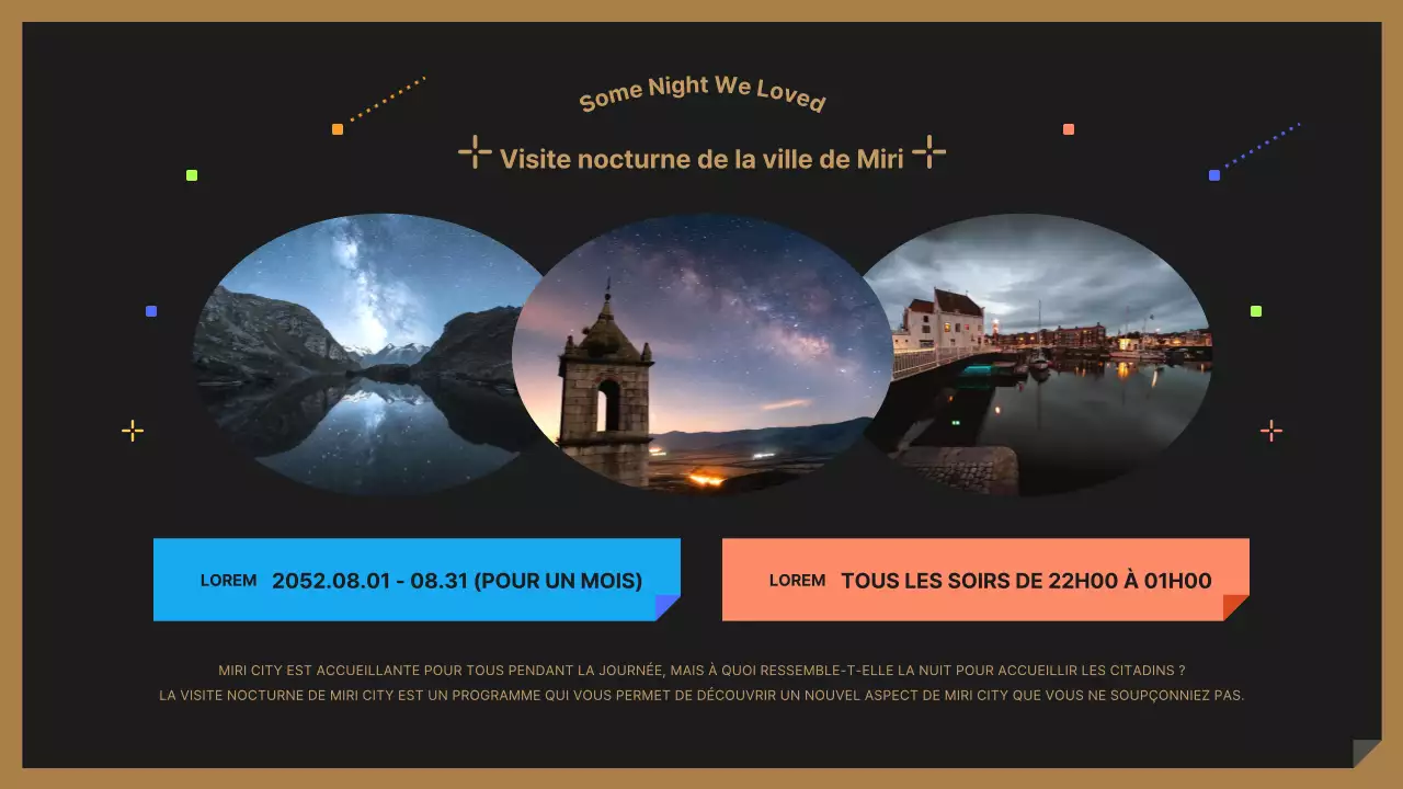 Un mignon guide touristique de nuit noir et coloré