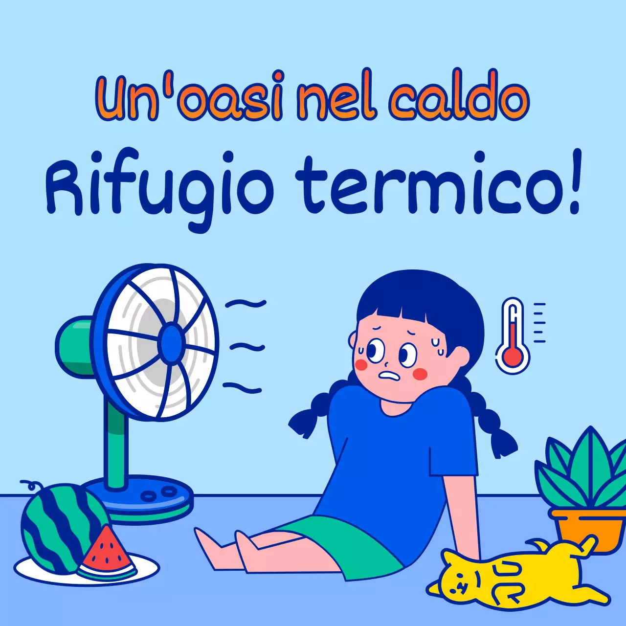 Programma di ricovero per le ondate di caldo estivo con illustrazioni di personaggi semplici e carini in azzurro e blu.