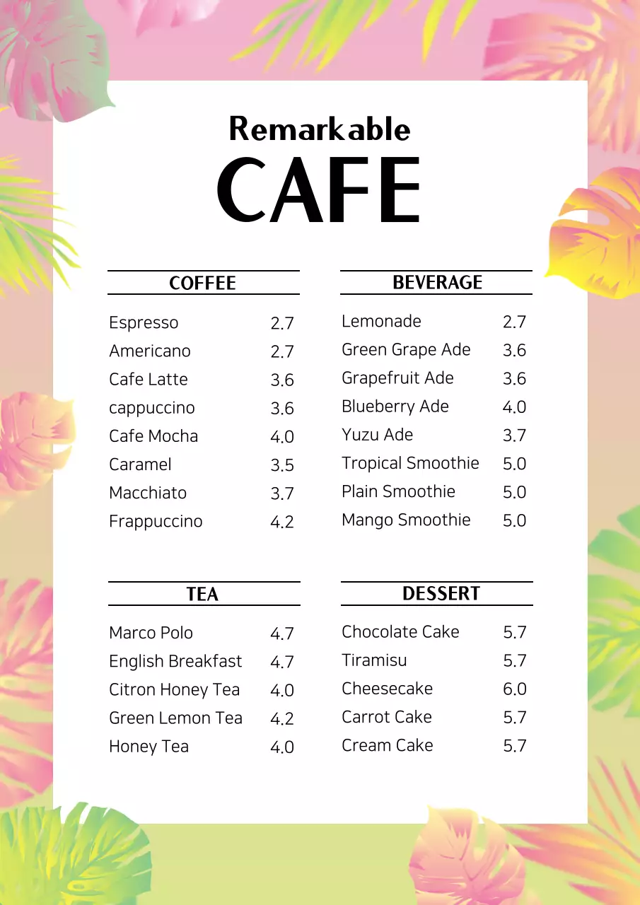 Pink Tropical Cafe Menu Poster
