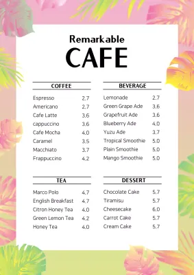 Pink Tropical Cafe Menu Poster