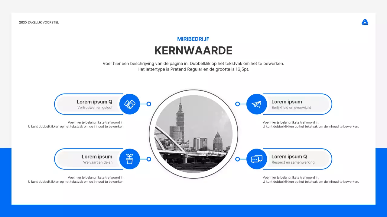 Strakke, intuïtieve presentatiekit voor zakelijke voorstellen in blauw en lichtgrijs