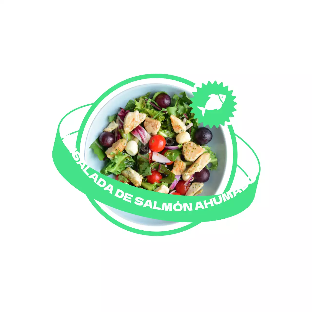 Una carta de ensaladas con un moderno diseño planetario en colores fluorescentes