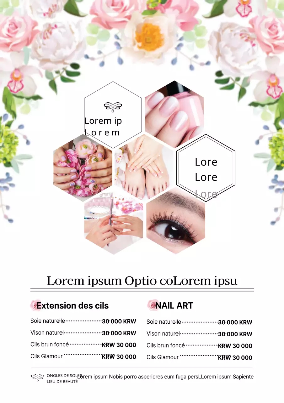 Concept romantique d'événement ouvert avec des illustrations florales roses et des photos de nail art