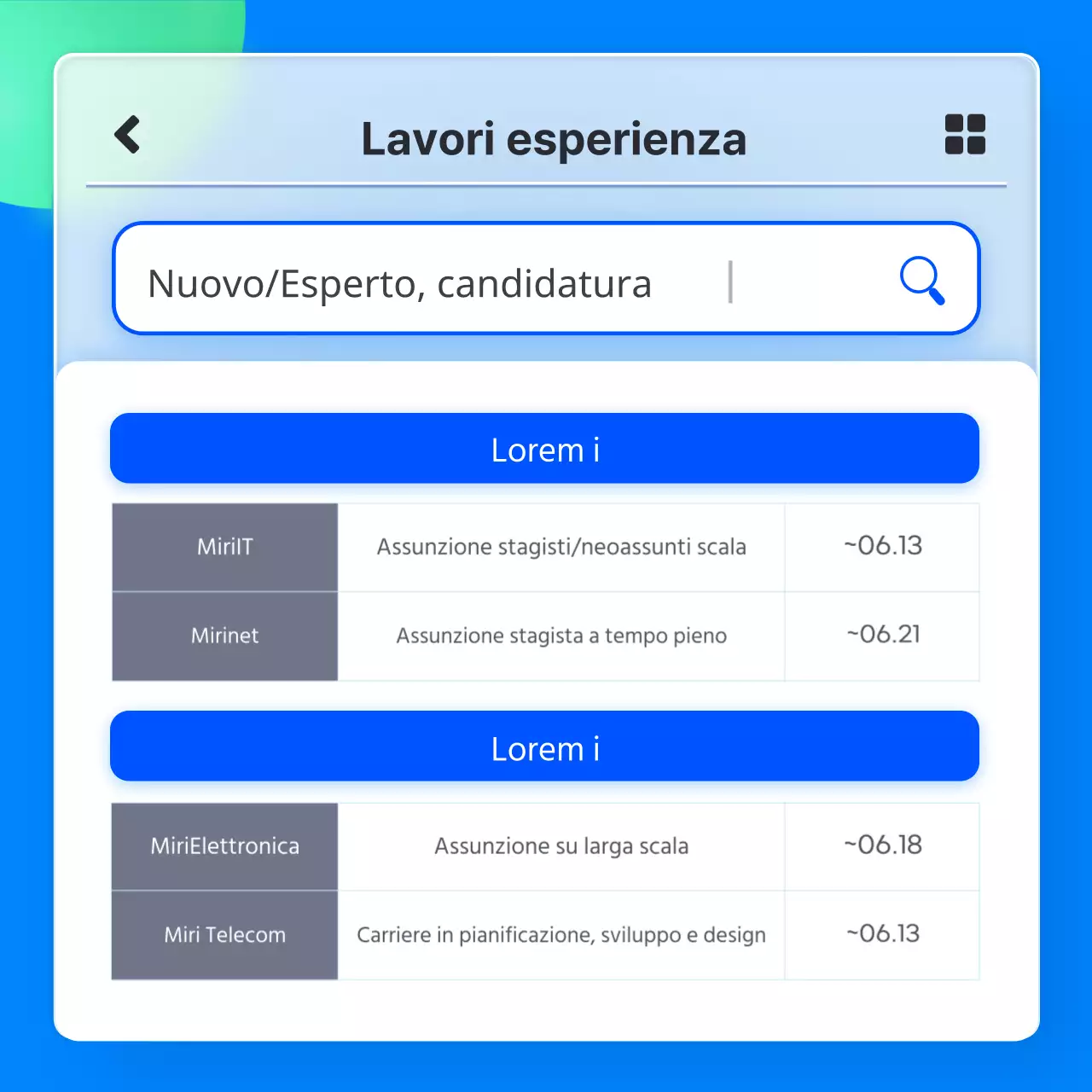 Elenco dei lavori consigliati per le aziende IT con concetto di app di glassmorfismo blu 3D