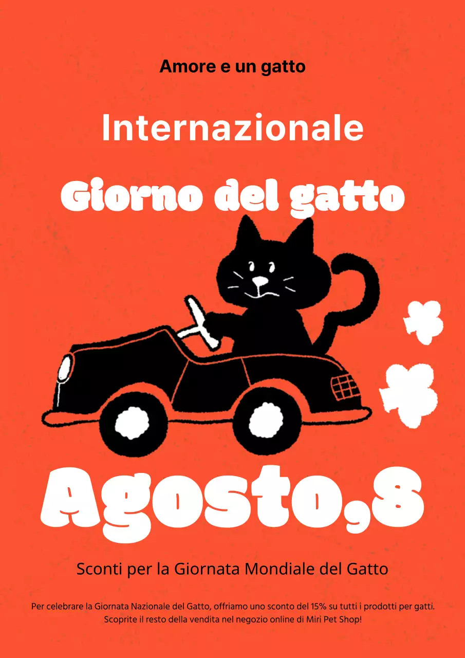 Festa del gatto in arancione con un simpatico disegno a effetto
