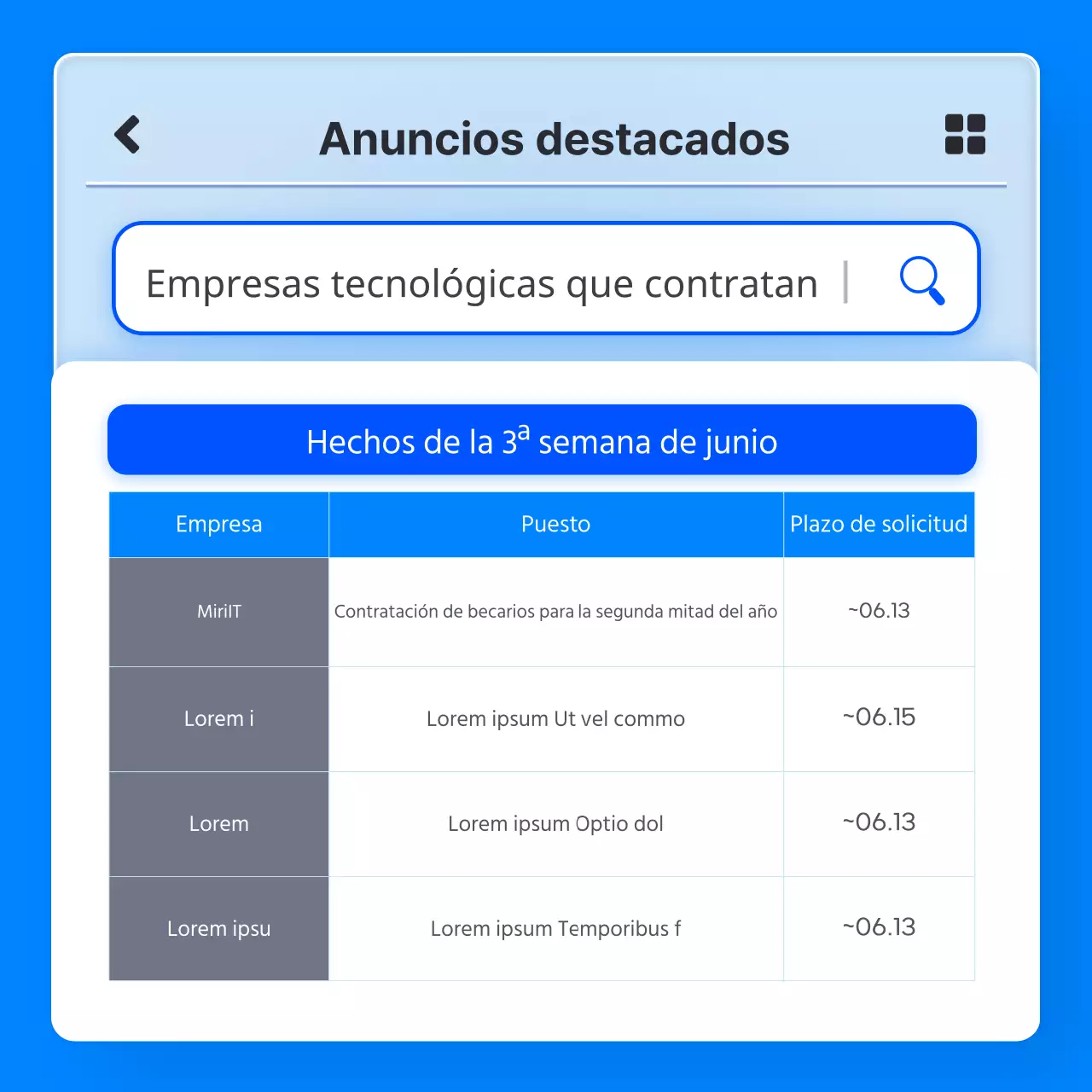 Lista de empleos recomendados para empresas de TI con concepto de aplicación de cristalismo 3D azul