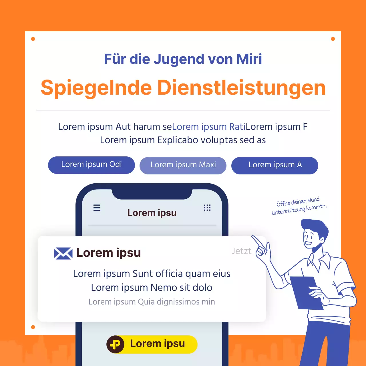 Blau und orange Jugendpolitik vier Könige Karte Nachrichten Design