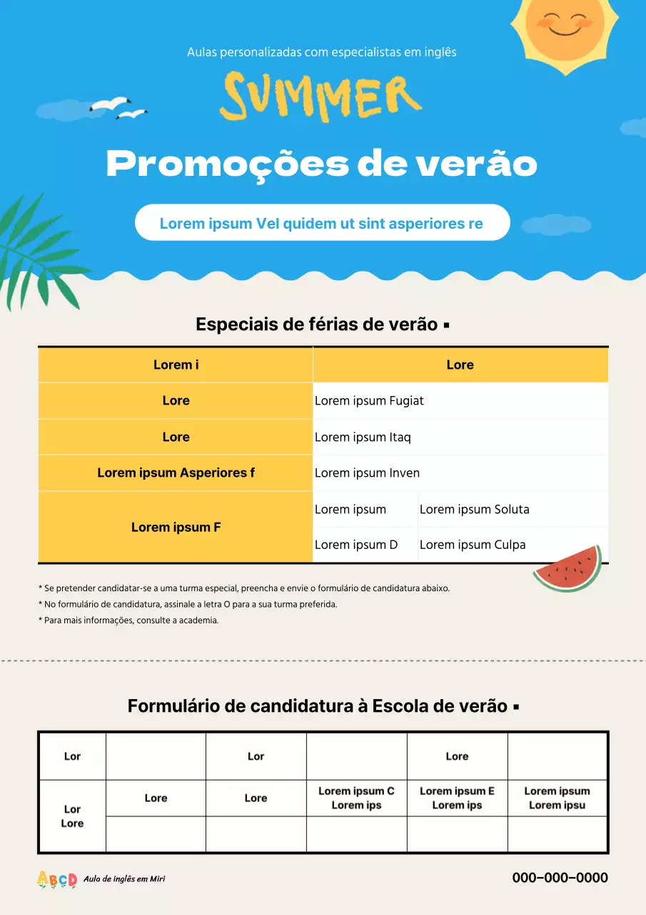 Fundo de verão em azul e amarelo Anunciando as promoções das férias de verão