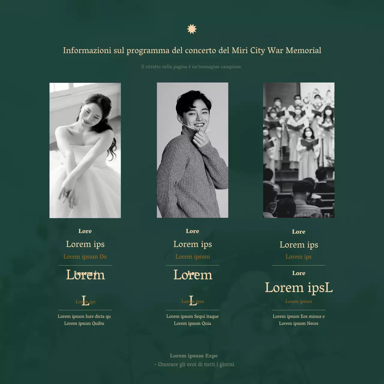 Un annuncio di concerto orchestrale pulito in un font serif con lussuose tonalità beige e verde scuro