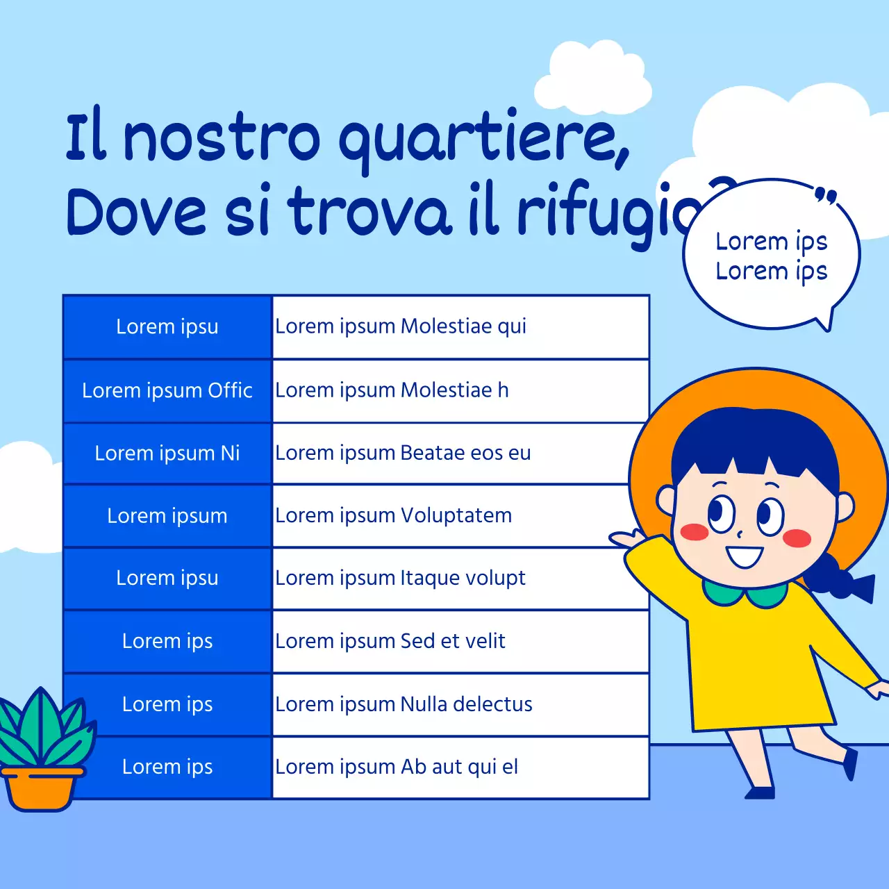 Programma di ricovero per le ondate di caldo estivo con illustrazioni di personaggi semplici e carini in azzurro e blu.