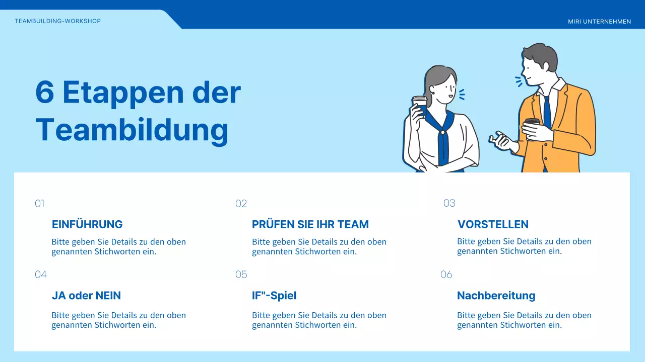 Workshop zur Teambildung mit Illustrationen in Blau und Gelb