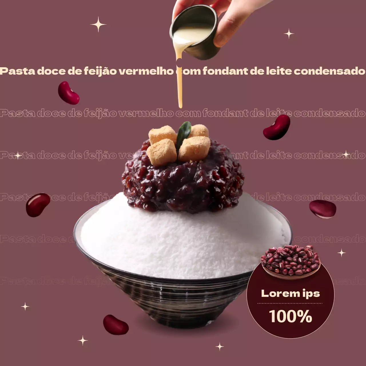 Promova o seu menu de gelo raspado com tipografia em tons de feijão vermelho e imagens simples