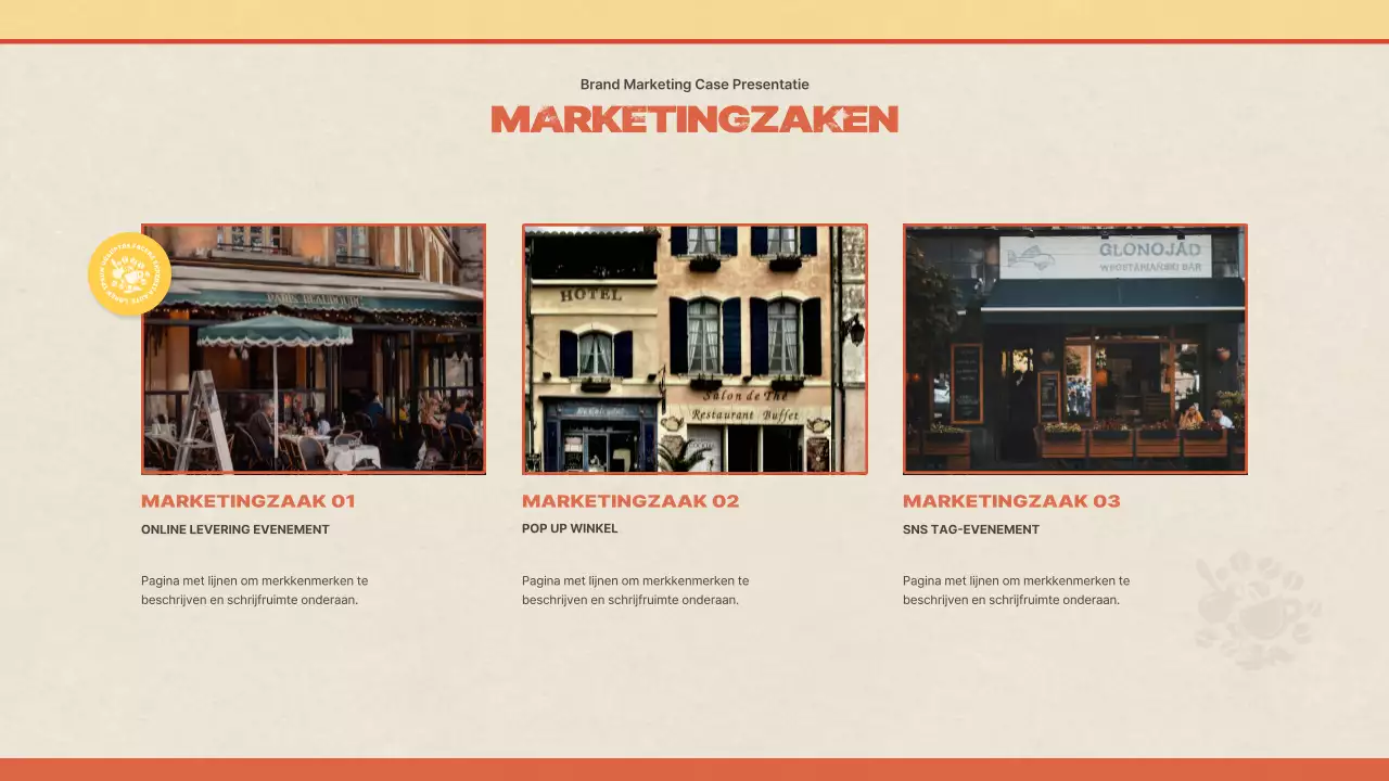 Een casestudy presenteren over de marketing van een cafémerk met een vintage, veelkleurig en geel concept