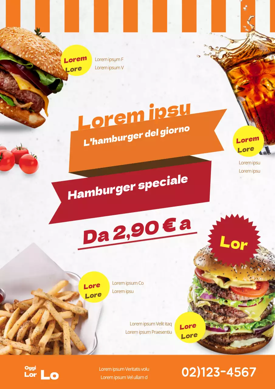 Volantino promozionale del menu dell'evento di vendita dell'hamburger del giorno arancione e rosso