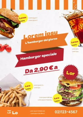 Volantino promozionale del menu dell'evento di vendita dell'hamburger del giorno arancione e rosso