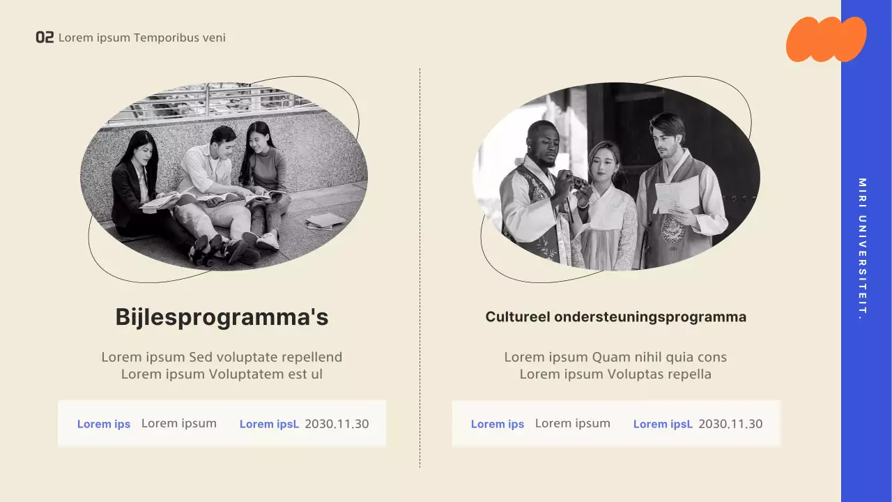 Een oriëntatiepresentatie met een trendy ontwerp, geaccentueerd met felle kleuren.