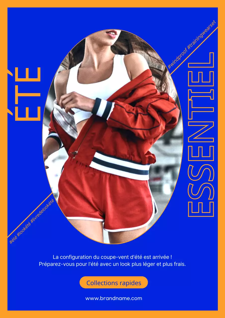 Un webposter promouvant des survêtements d'été élégants en bleu et orange.