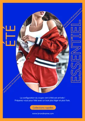 Un webposter promouvant des survêtements d'été élégants en bleu et orange.