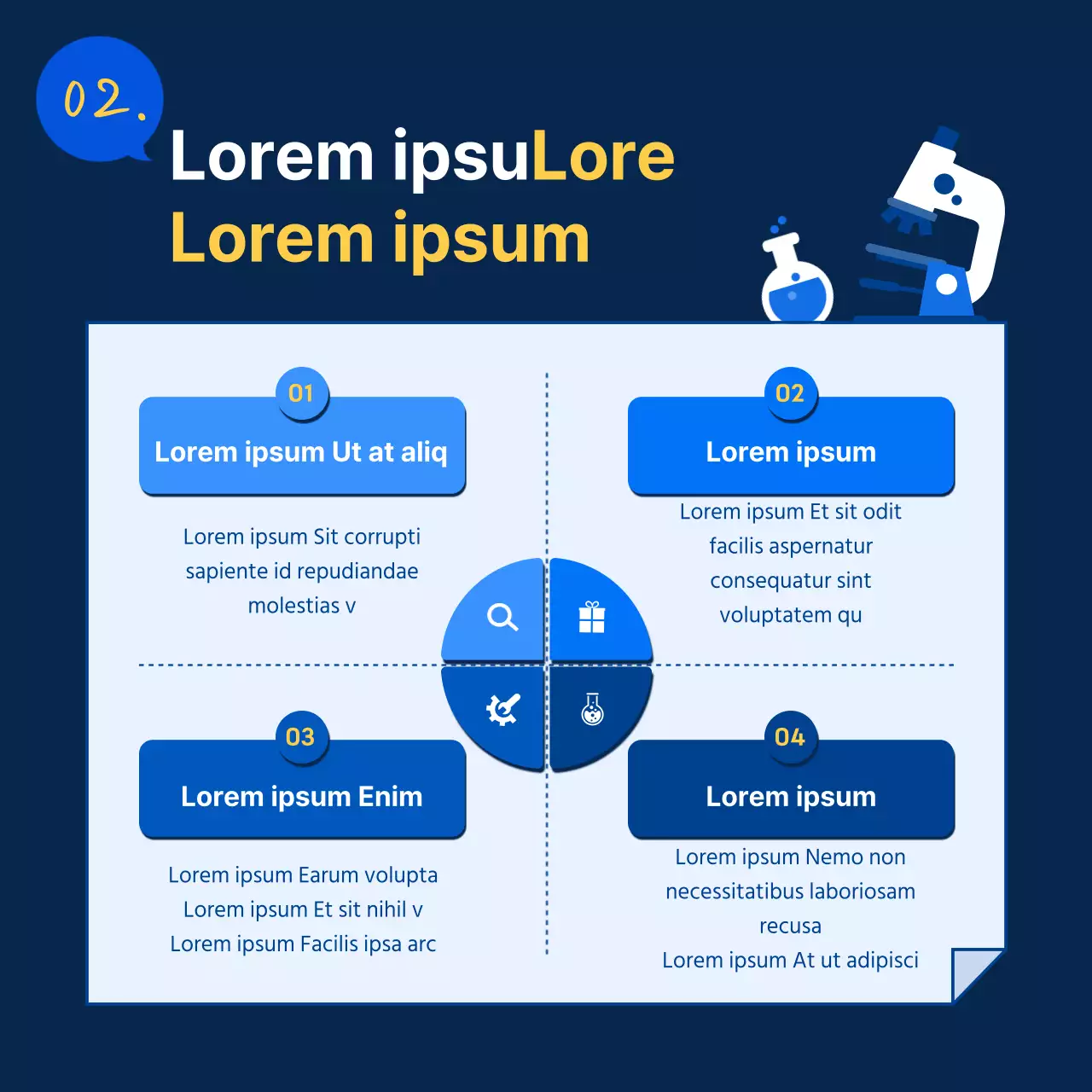 Una semplice descrizione delle mansioni in blu e giallo per promuovere il laboratorio di ricerca e sviluppo.