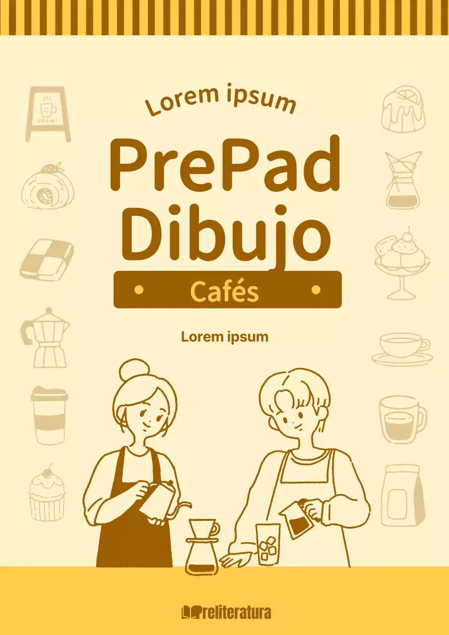 Sobre el dibujo de la acogedora cafetería amarilla y marrón
