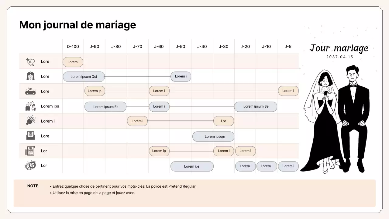 Diagramme de Gantt pour l'organisation d'un mariage dans les tons beige et mauve
