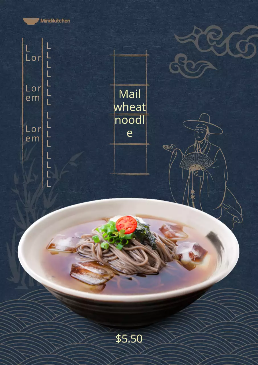 Menu musim panas dengan latar belakang biru tua dan ilustrasi oriental