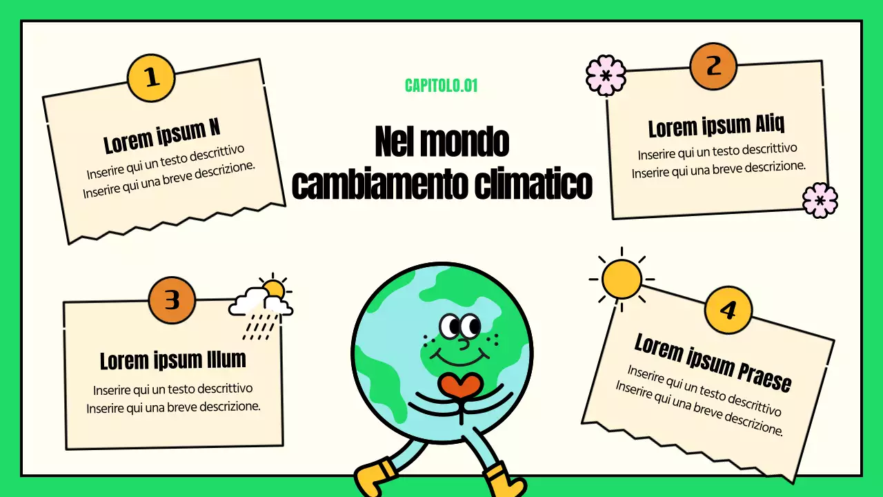 Illustrazioni simpatiche con accenti verdi e gialli Azione ESG e cambiamento climatico
