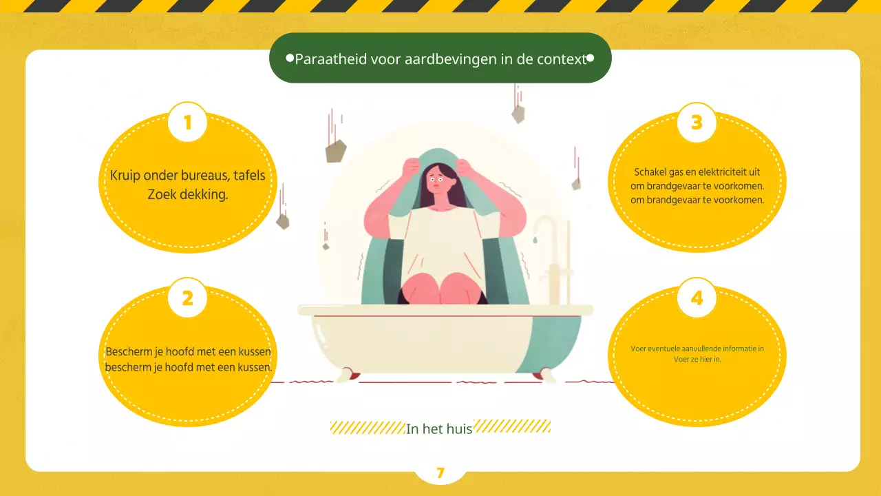 Veiligheidseducatie over aardbevingen en rampenparaatheid met behulp van illustraties op een geel en groen krijtbordconcept