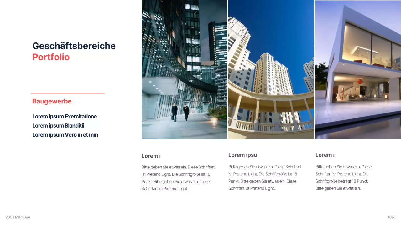 Corporate Briefing eines Bauunternehmens für Investitionen mit einem klaren Farbschema in Marineblau und Rot als Akzent