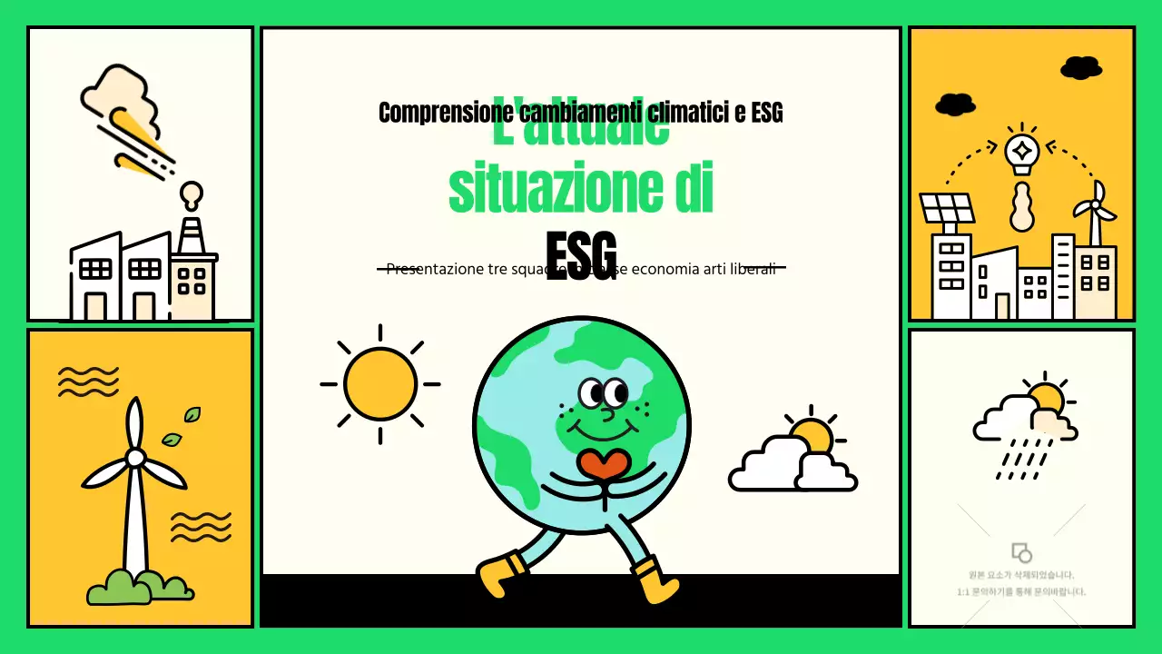 Illustrazioni simpatiche con accenti verdi e gialli Azione ESG e cambiamento climatico