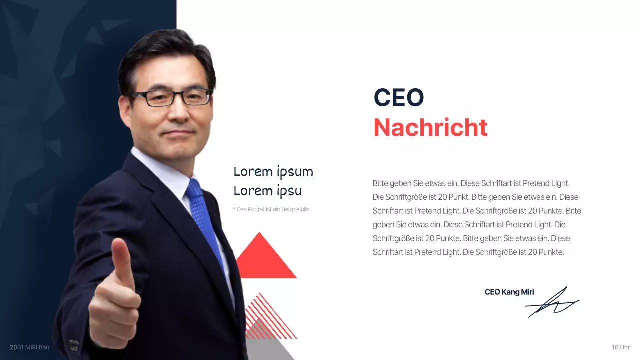 Corporate Briefing eines Bauunternehmens für Investitionen mit einem klaren Farbschema in Marineblau und Rot als Akzent